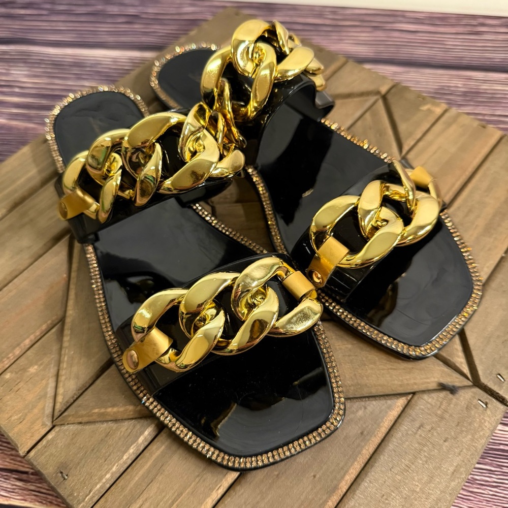 Lauren Lorraine New‎ in Box Shiny Black and Gold Chain Sandals with Rhinestones